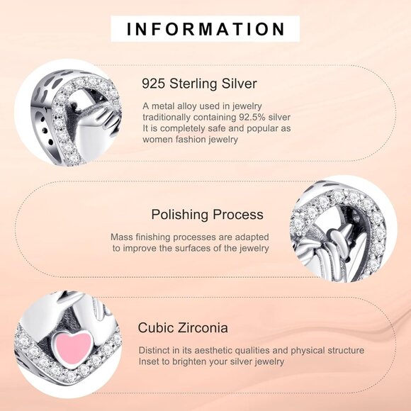 Sterling Silver Love Heart Mom Charm for Bracelets & Necklaces, 9mm Hole, Cubic - Picture 8 of 9